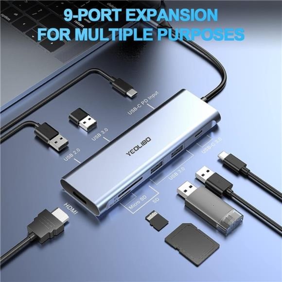 9-in-1 USB C Hub Multiport Adapter, with 4K HDMI, 100W Power Delivery, USB-C - Picture 2 of 6